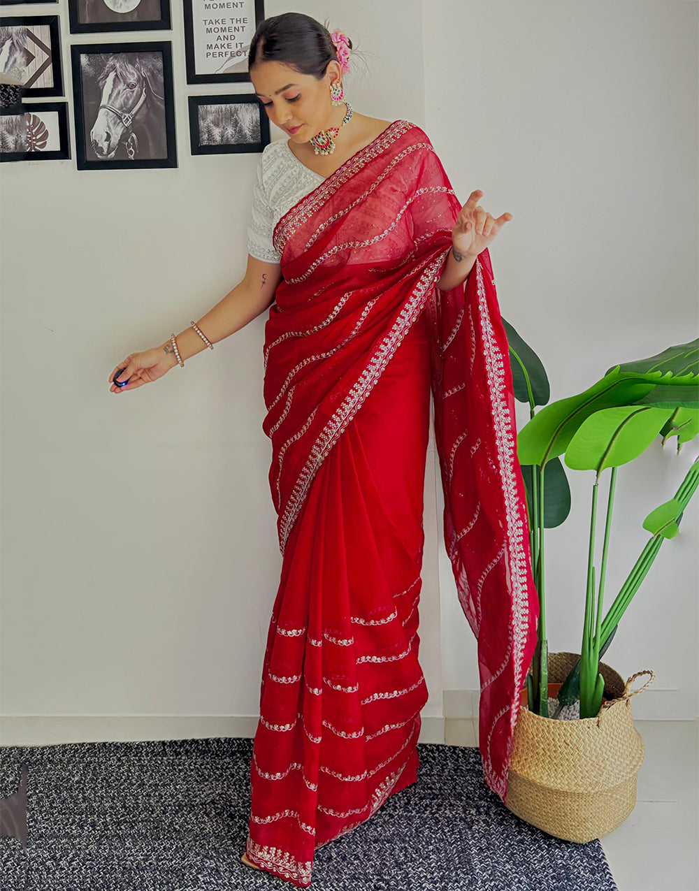Hot Red Organza Saree With Zari & Sequence Work