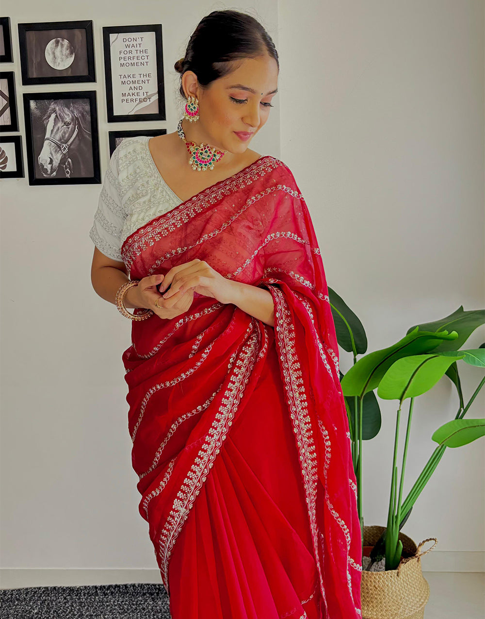 Hot Red Organza Saree With Zari & Sequence Work