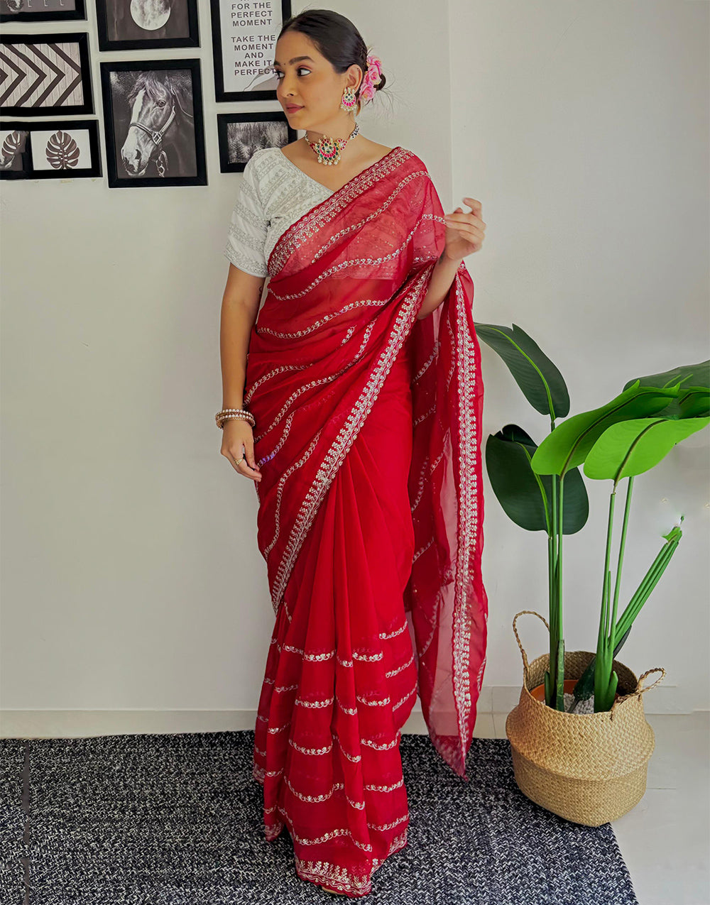 Hot Red Organza Saree With Zari & Sequence Work