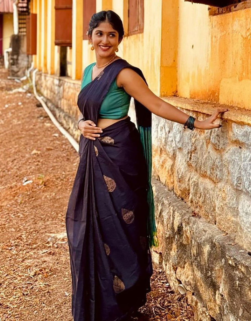 Dark Navy Blue Silk Saree With Weaving Work