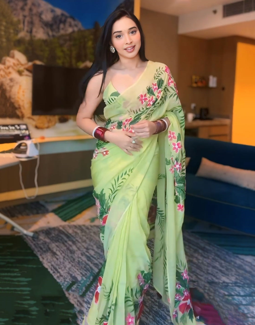 Pista Green Georgette With Printed Ready To Wear Saree