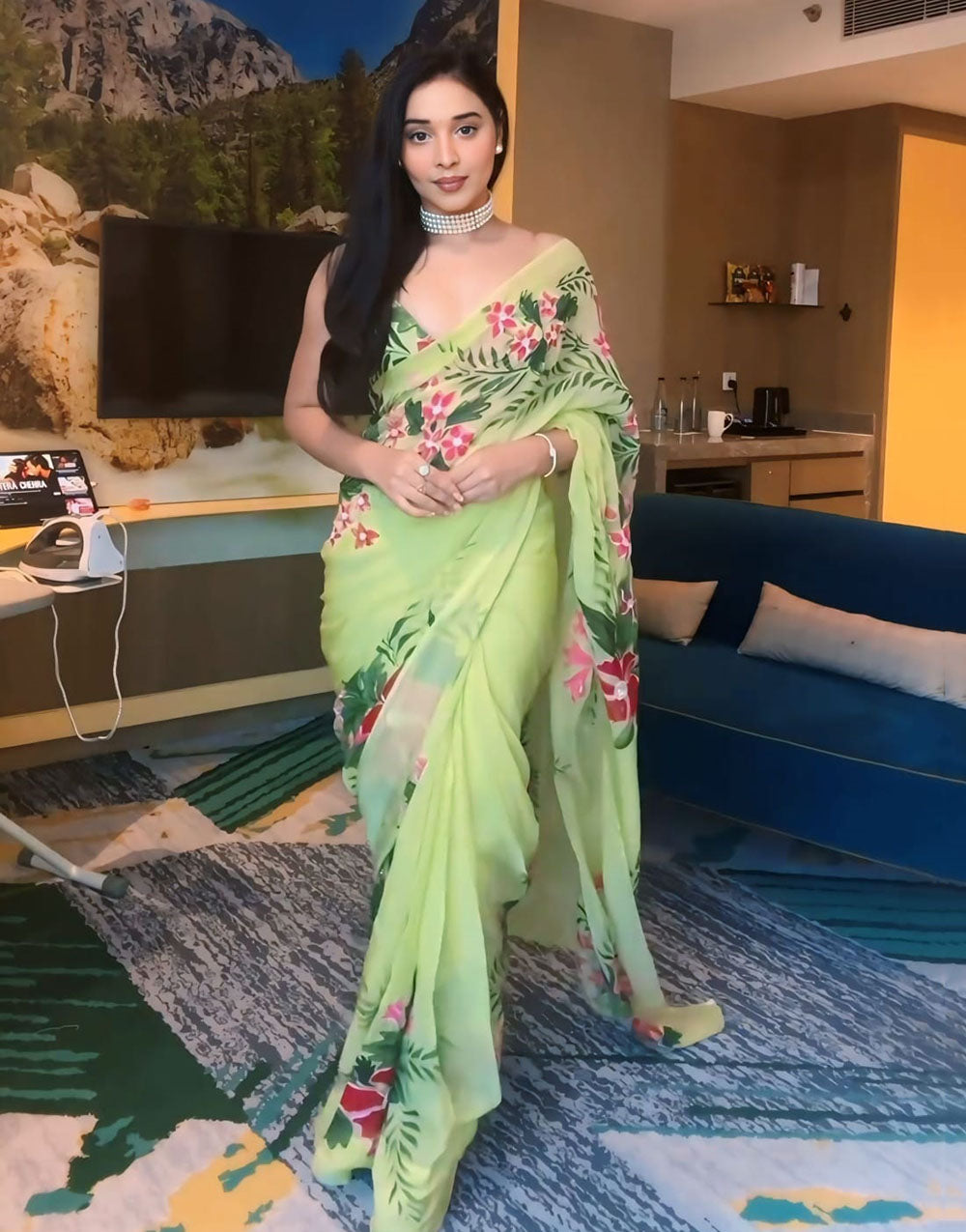 Pista Green Georgette With Printed Ready To Wear Saree
