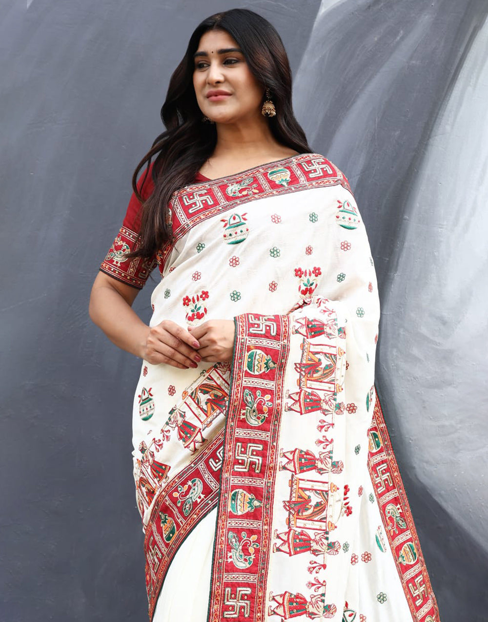 White Soft Silk With Embroidery & Daimond Work Wedding Saree