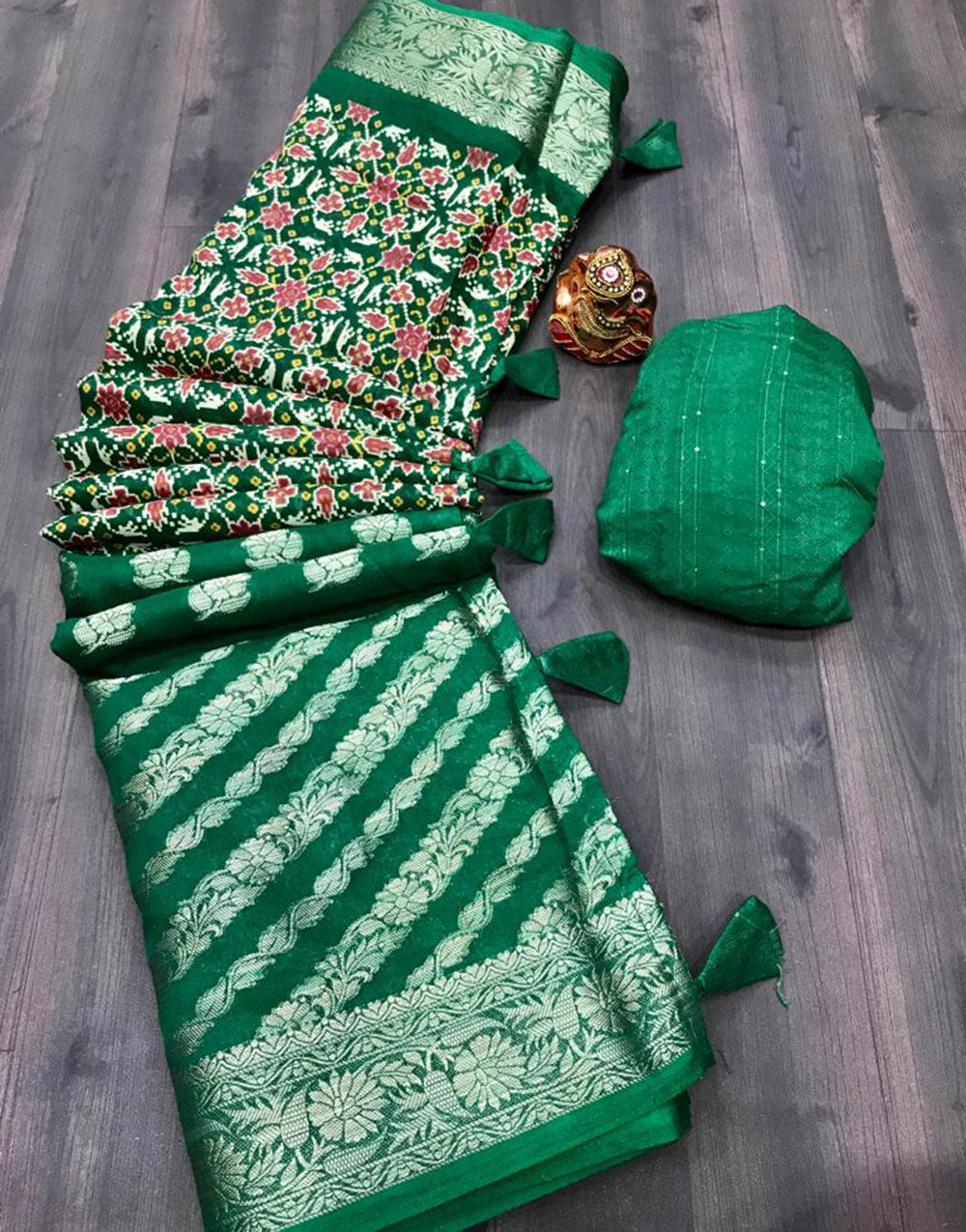 Green Dola Silk With Printed & Weaving Work