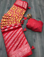 Crimson Red Dola Silk With Printed & Weaving Work