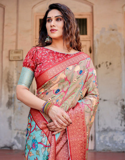 Apricot Beige Silk Saree With Printed & Weaving Border