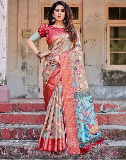 Apricot Beige Silk Saree With Printed & Weaving Border
