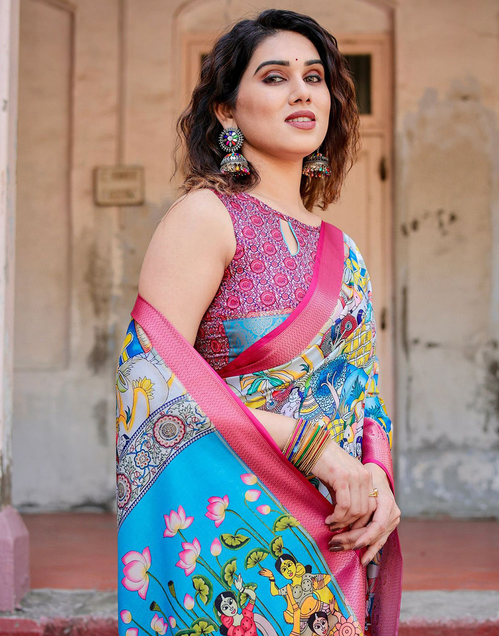 Sky Blue & Pink Silk Saree With Printed & Weaving Border