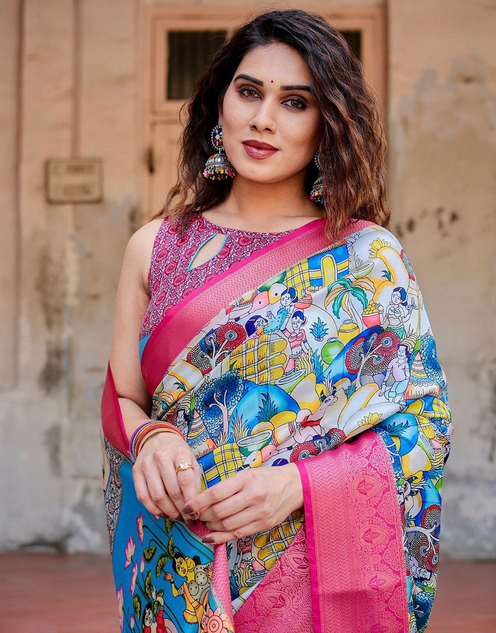 Sky Blue & Pink Silk Saree With Printed & Weaving Border