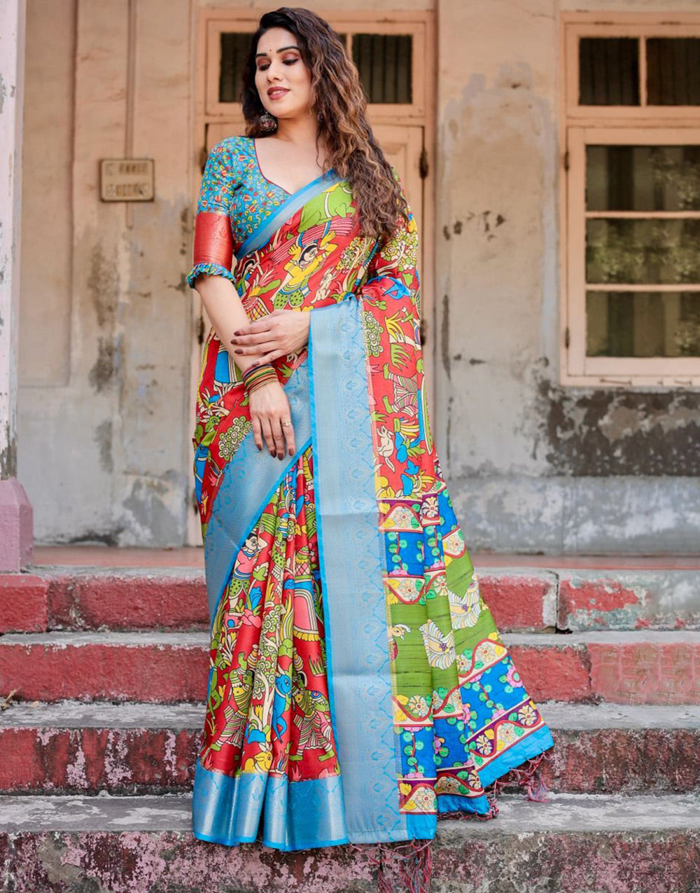 Red & Sky Blue Silk Saree With Printed & Weaving Border