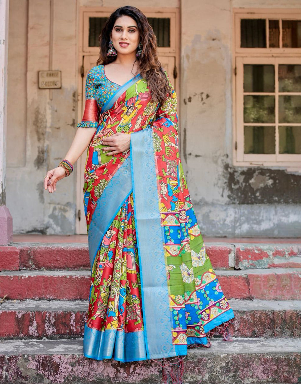 Red & Sky Blue Silk Saree With Printed & Weaving Border