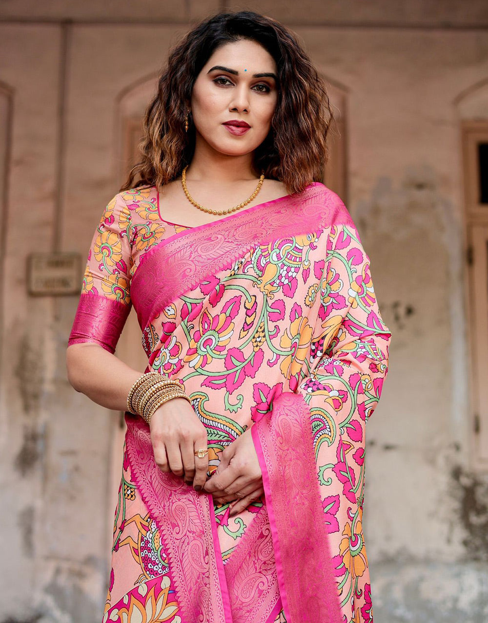Rose Pink Silk Saree With Printed & Weaving Border