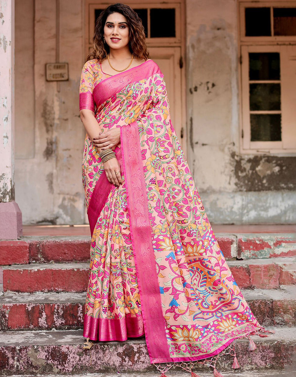 Rose Pink Silk Saree With Printed & Weaving Border
