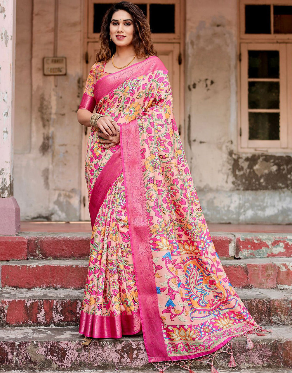 Rose Pink Silk Saree With Printed & Weaving Border