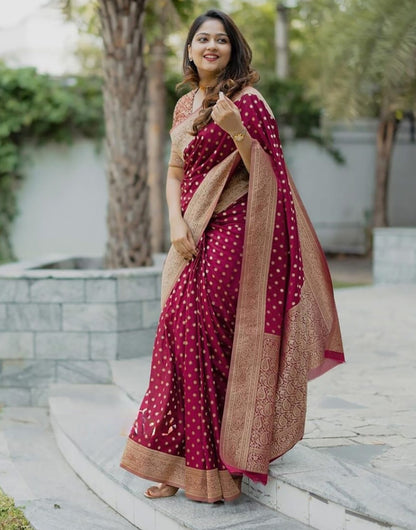 Bright Maroon Banarasi Silk Saree With Zari Weaving Work
