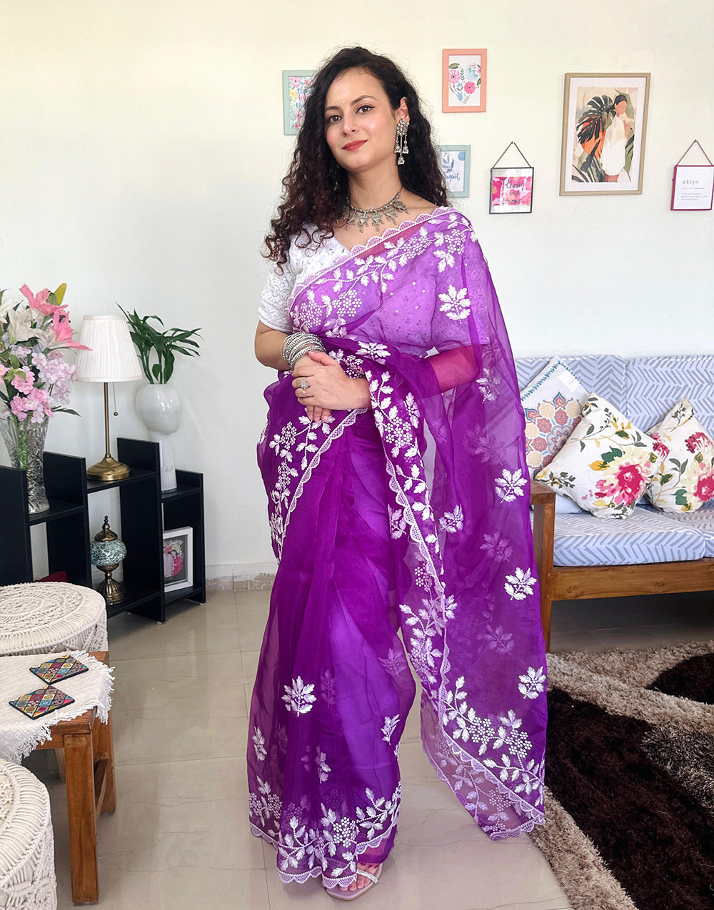 Purple Pure Organza Saree With Embroidery Work