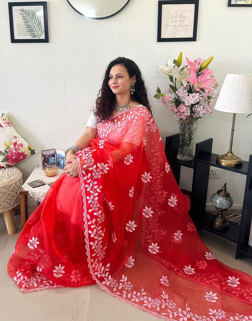 Red Pure Organza Saree With Embroidery Work