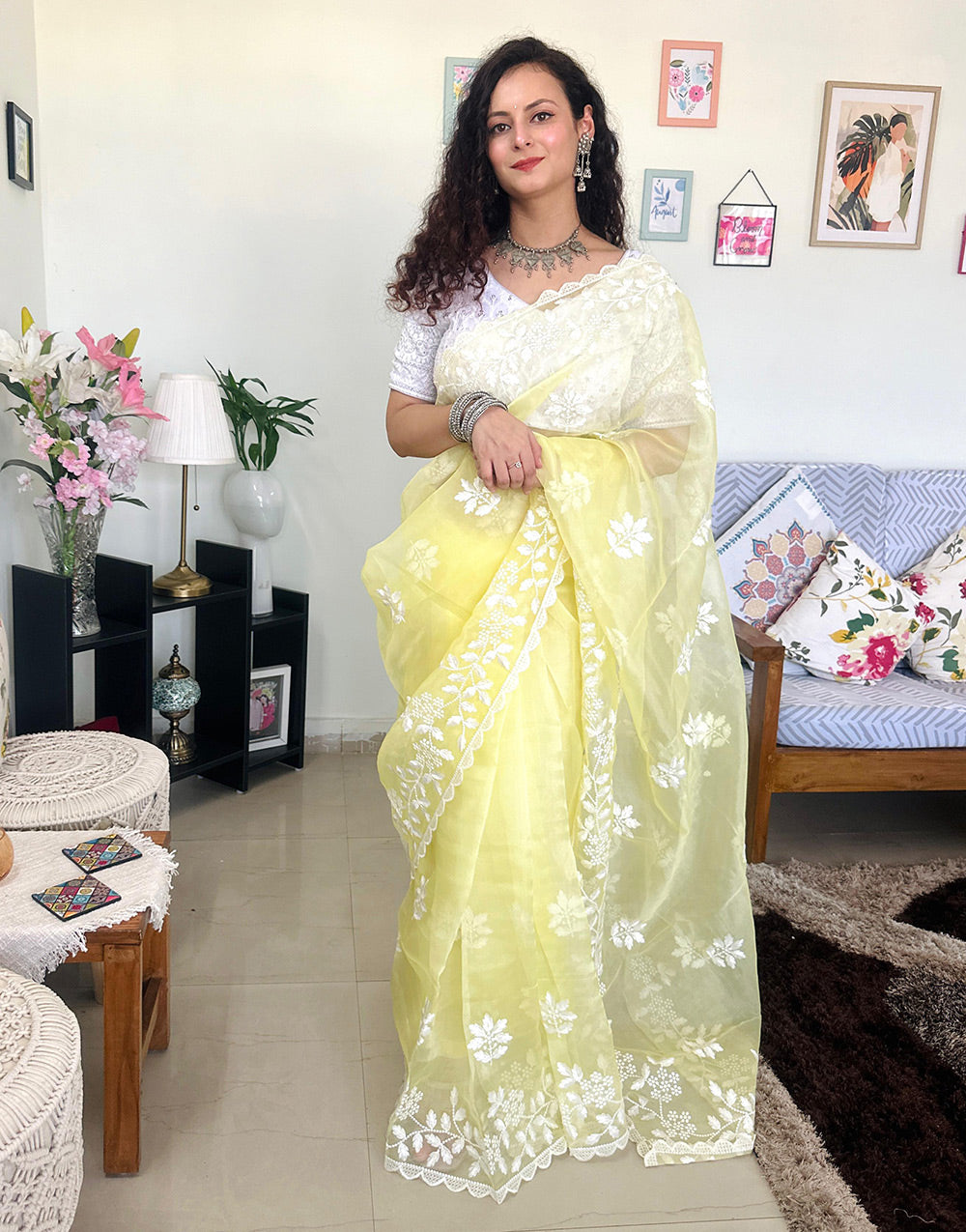 Light Yellow Pure Organza Saree With Embroidery Work