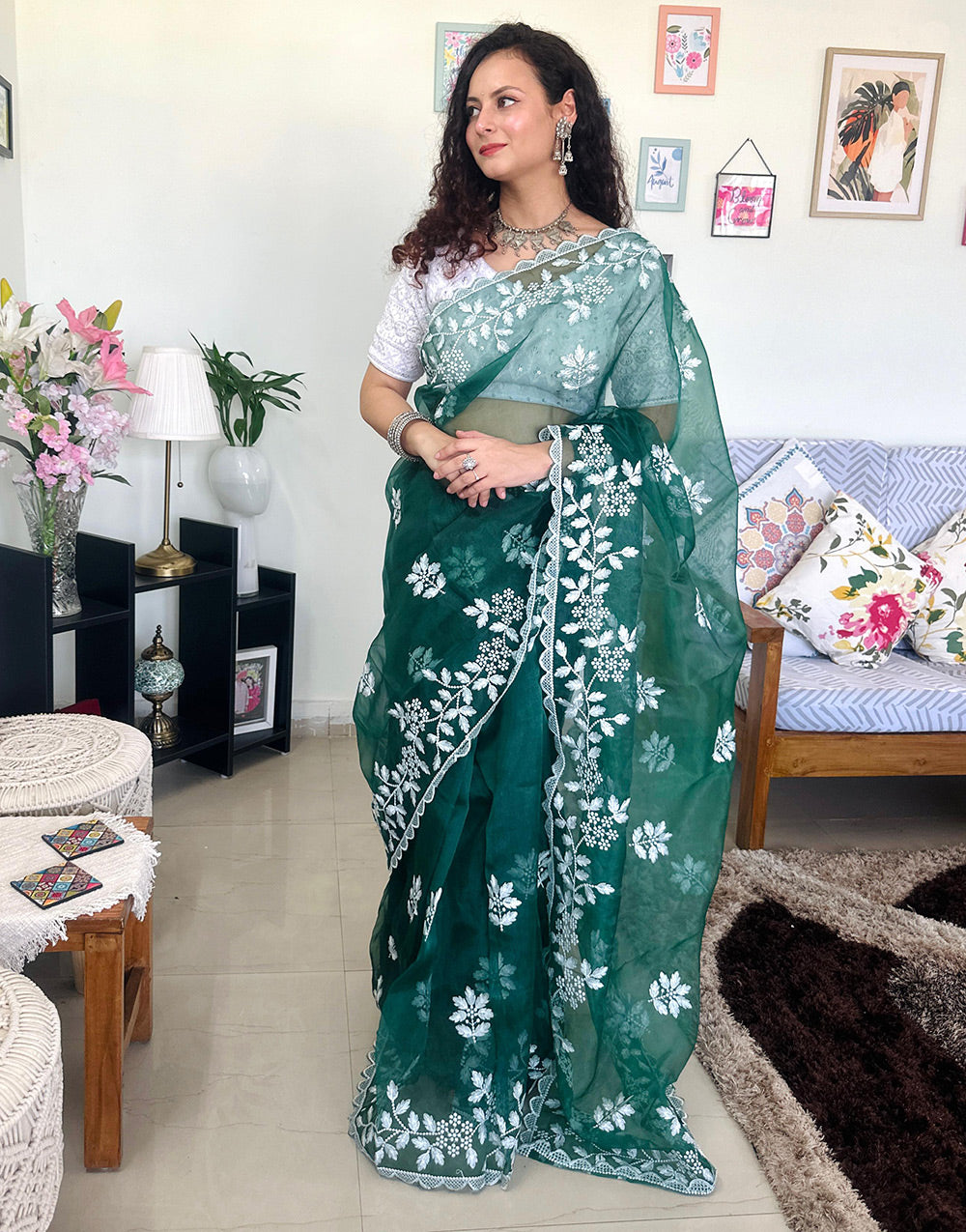Dark Green Pure Organza Saree With Embroidery Work