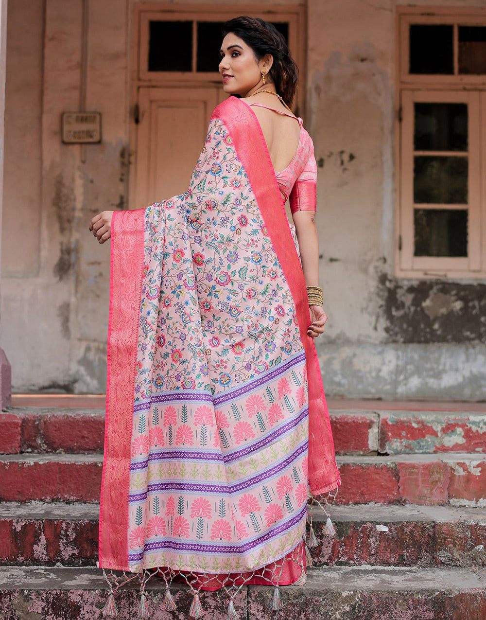 Light Pink Silk Saree With Printed & Weaving Border