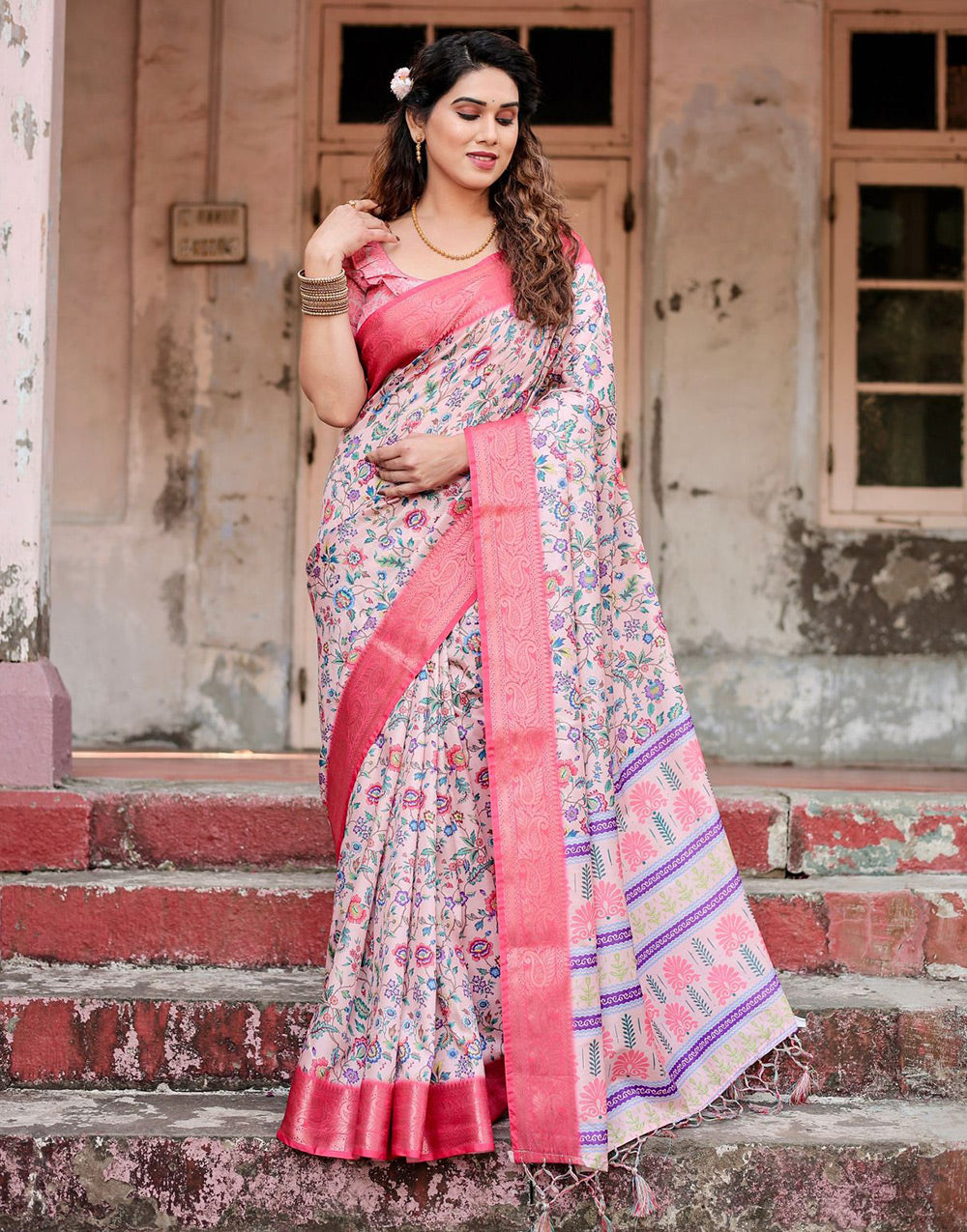 Light Pink Silk Saree With Printed & Weaving Border