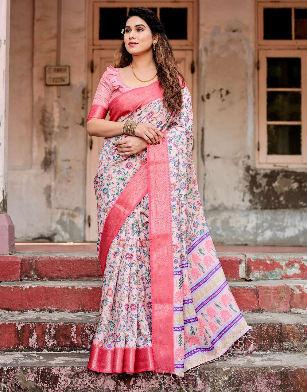 Light Pink Silk Saree With Printed & Weaving Border