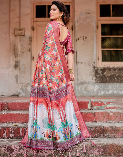 Light Maroon Silk Saree With Printed & Weaving Border