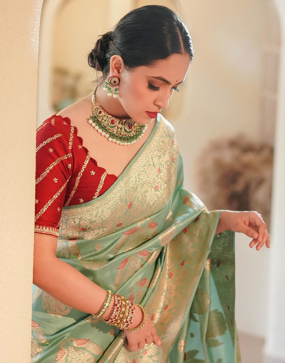 Tea Green Banarasi Silk Saree With Zari Weaving Work
