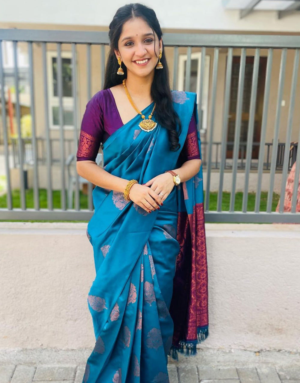 Cerulean Blue Silk Saree With Weaving Work