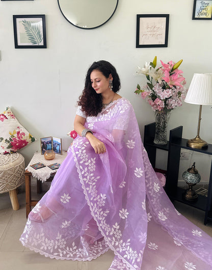 Lavender Pure Organza Saree With Embroidery Work