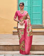 Cream & Rani Pink Kanjivaram Silk Saree With Printed & Zari Weaving Border