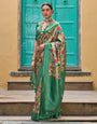 Beige & Green Kanjivaram Silk Saree With Printed & Zari Weaving Border