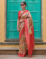 Light Peach Kanjivaram Silk Saree With Printed & Zari Weaving Border