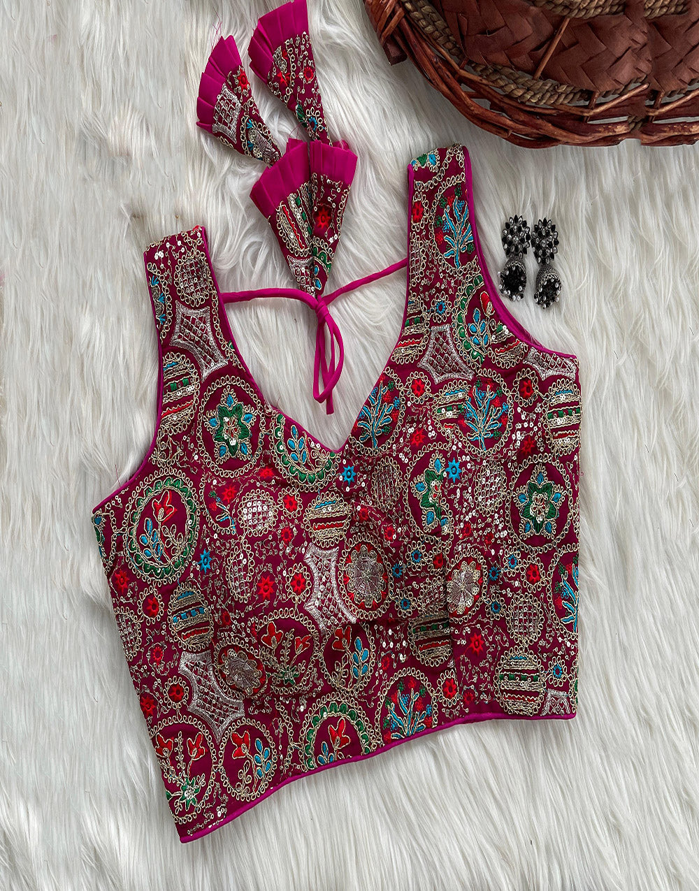 Hot Pink Georgette With Embroidery & Sequence Work Blouse