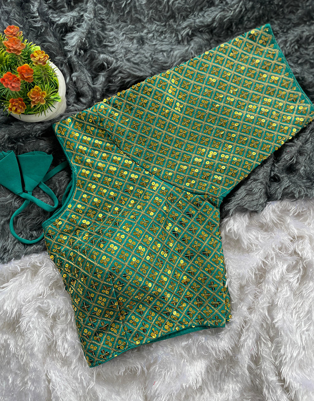 Pine Green Phantom Silk With Embroidery & Sequence Work Blouse
