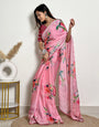 Light Pink Satin Saree With Flower Printed Work
