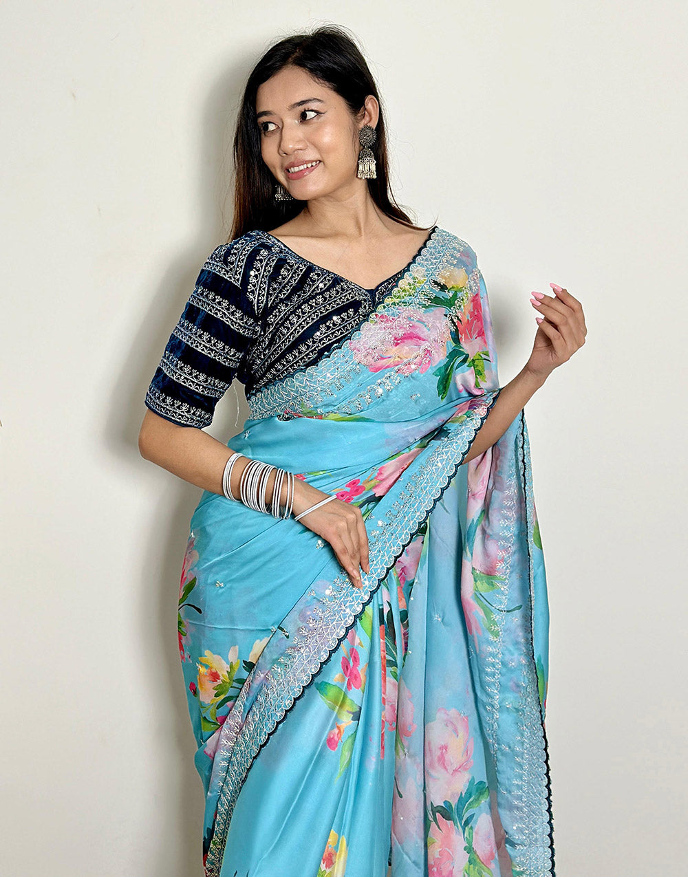 Sky Blue Satin Saree With Flower Printed Work