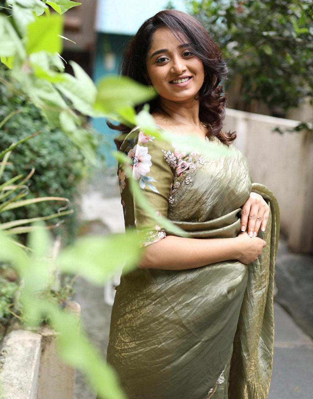 Seaweed Green Soft Tissue Silk Saree With Handwork Border