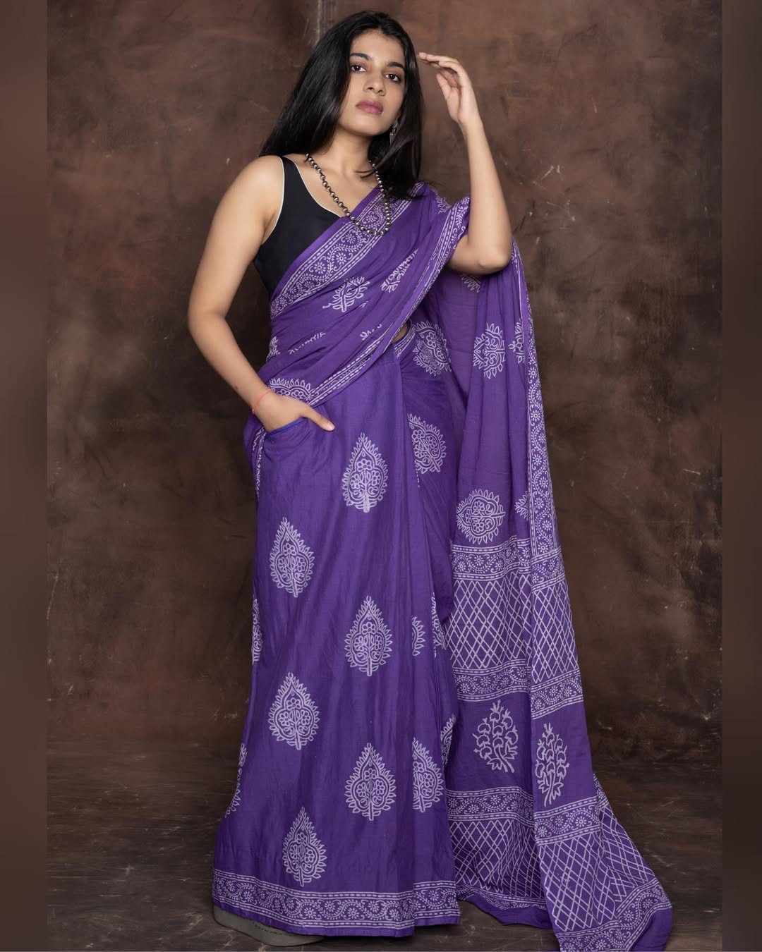 Purple Colour Mul Cotton Ready To Wear Saree With Pocket