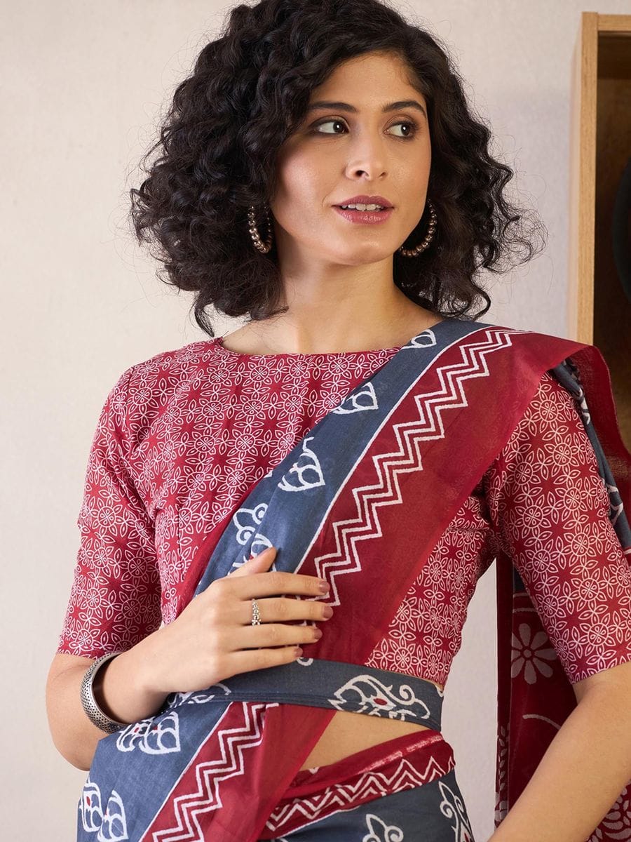 Blue Colour Mul Cotton Ready To Wear Saree With Pocket