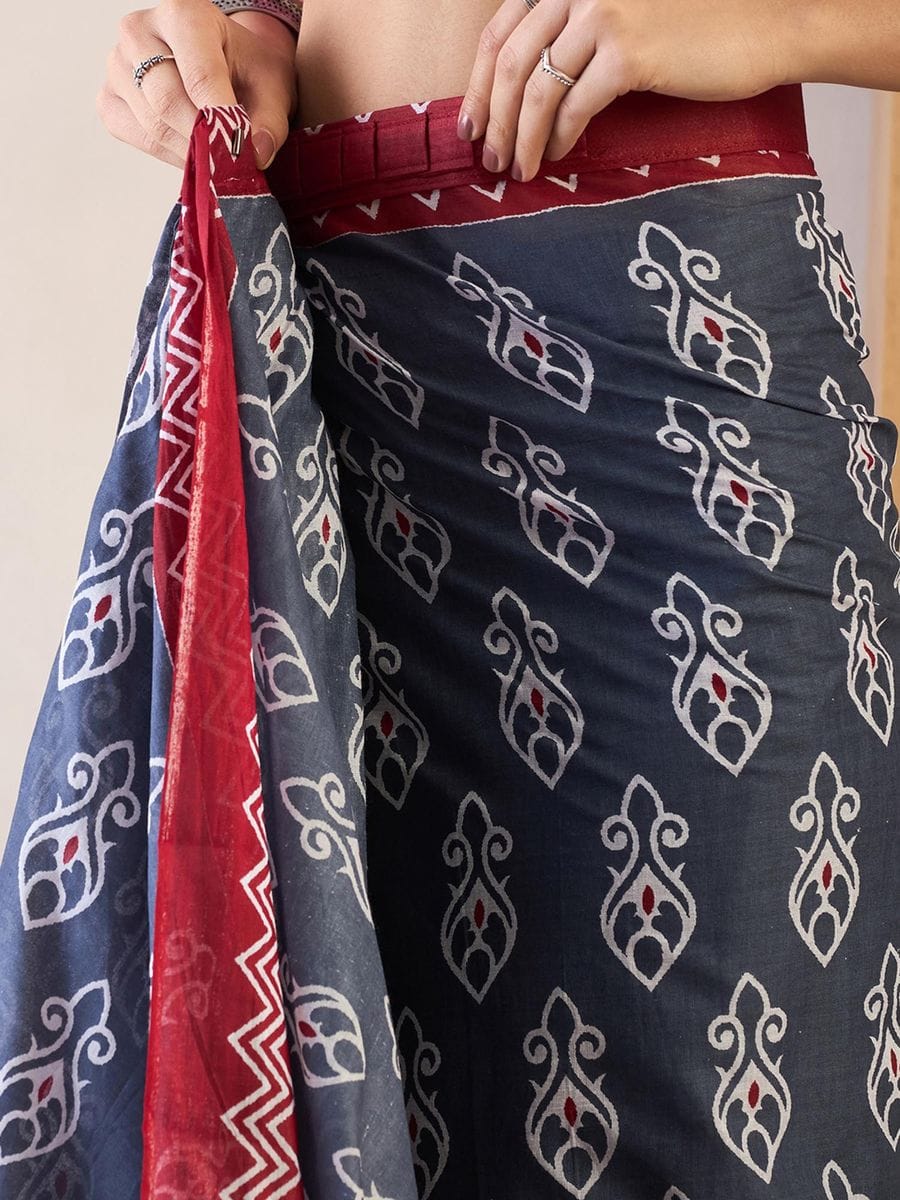 Blue Colour Mul Cotton Ready To Wear Saree With Pocket