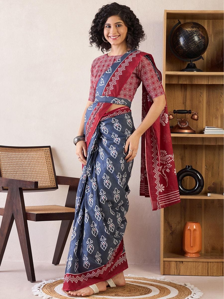 Blue Colour Mul Cotton Ready To Wear Saree With Pocket