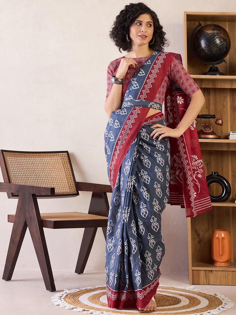 Blue Colour Mul Cotton Ready To Wear Saree With Pocket