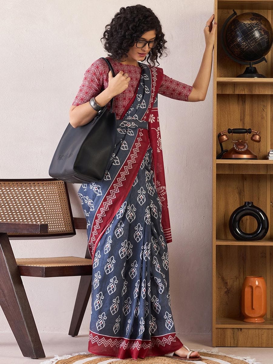 Blue Colour Mul Cotton Ready To Wear Saree With Pocket