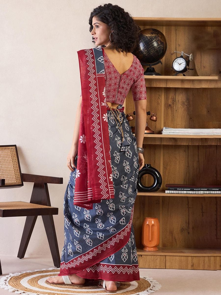 Blue Colour Mul Cotton Ready To Wear Saree With Pocket