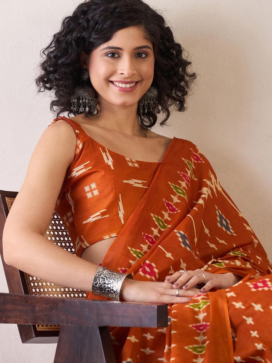 Orange Colour Mul Cotton Ready To Wear Saree With Pocket
