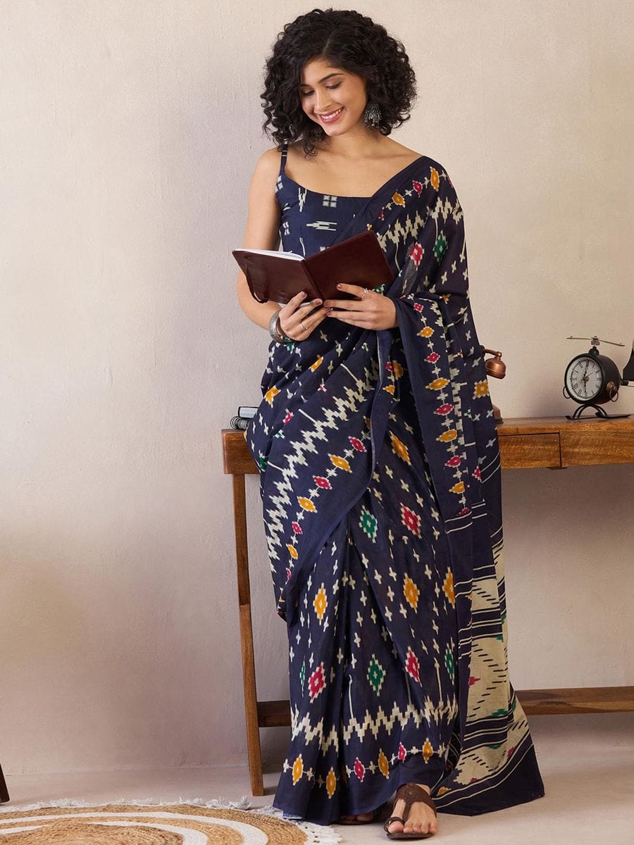 Blue Colour Mul Cotton Ready To Wear Saree With Pocket
