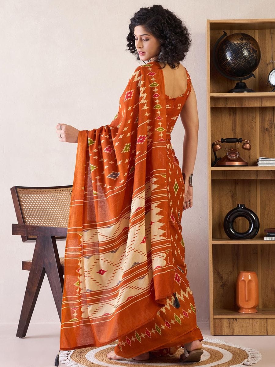 Orange Colour Mul Cotton Ready To Wear Saree With Pocket