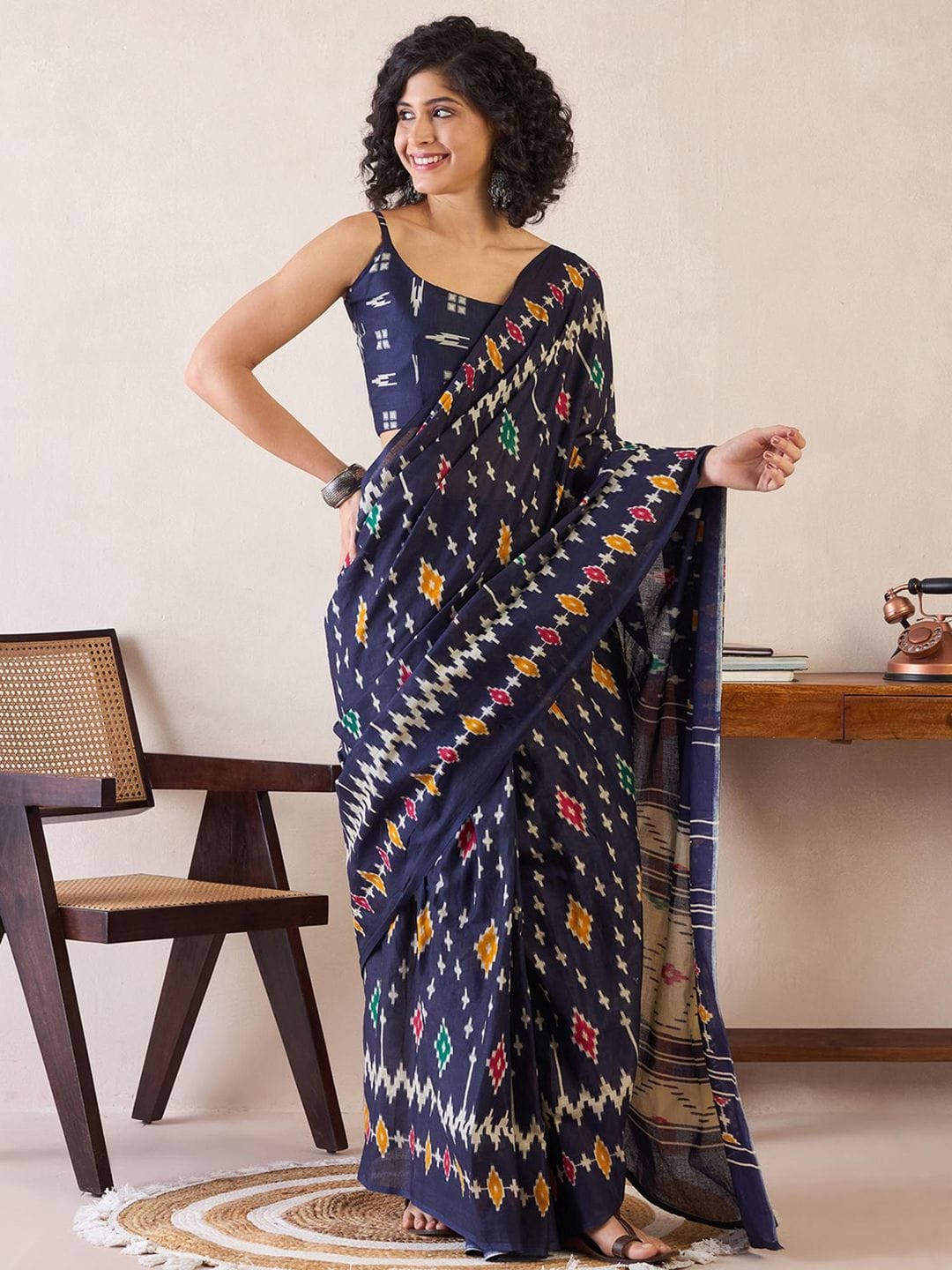 Blue Colour Mul Cotton Ready To Wear Saree With Pocket