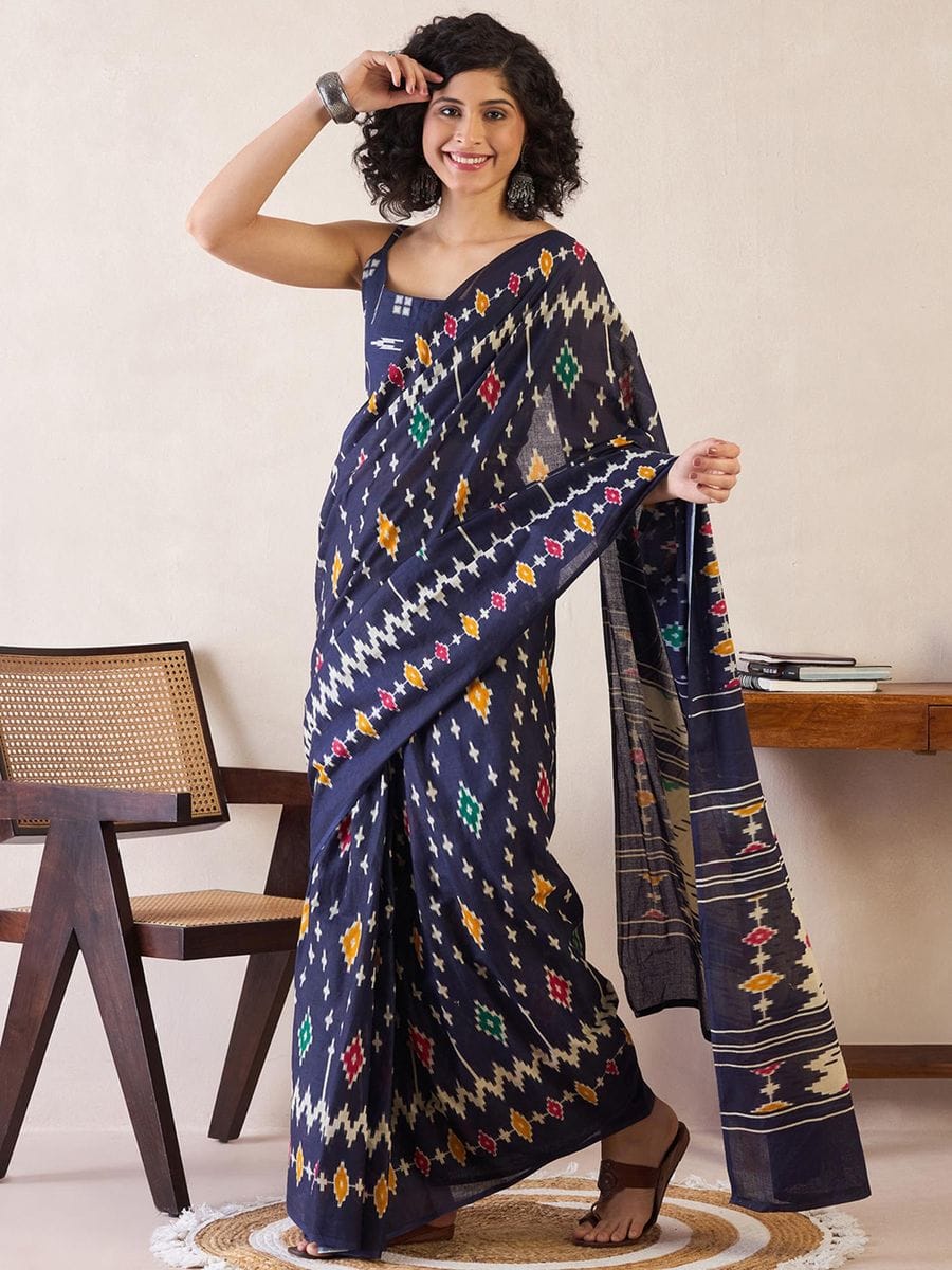 Blue Colour Mul Cotton Ready To Wear Saree With Pocket
